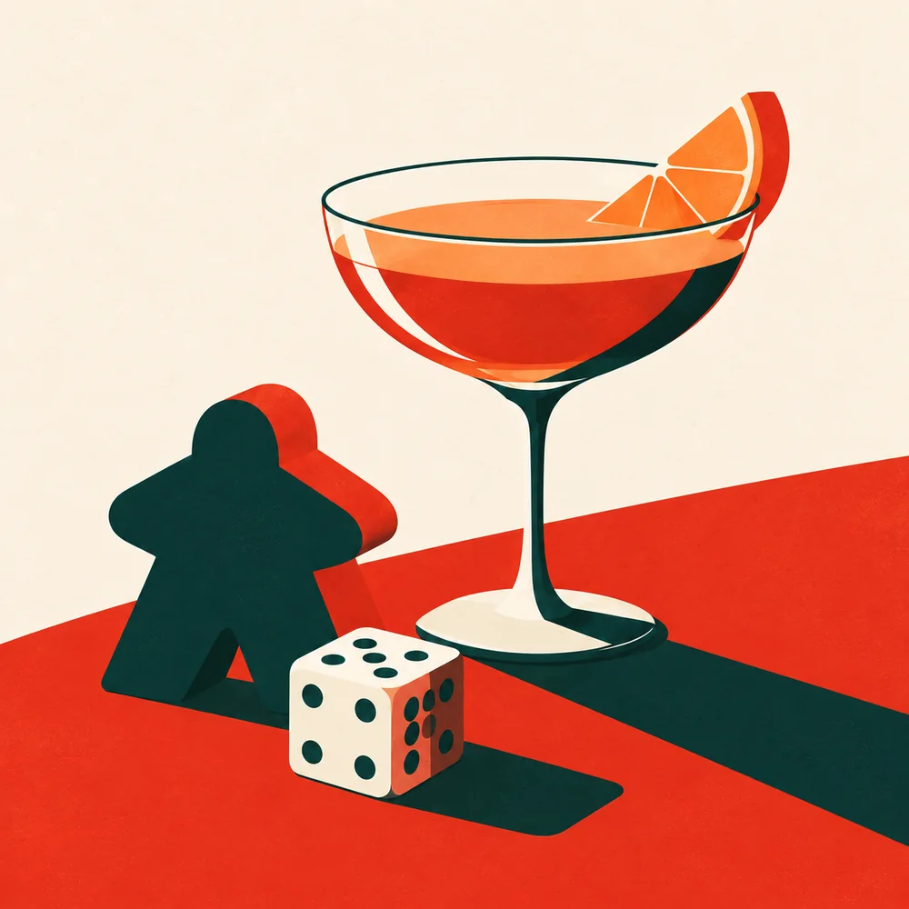 Illustration of an orange aperitif, a wooden meeple and a die on a red table